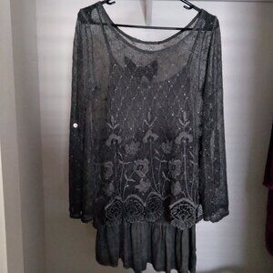 Grey Two Piece Crochet Open Knit Sweater and Dress Set with Embroidered Flowers